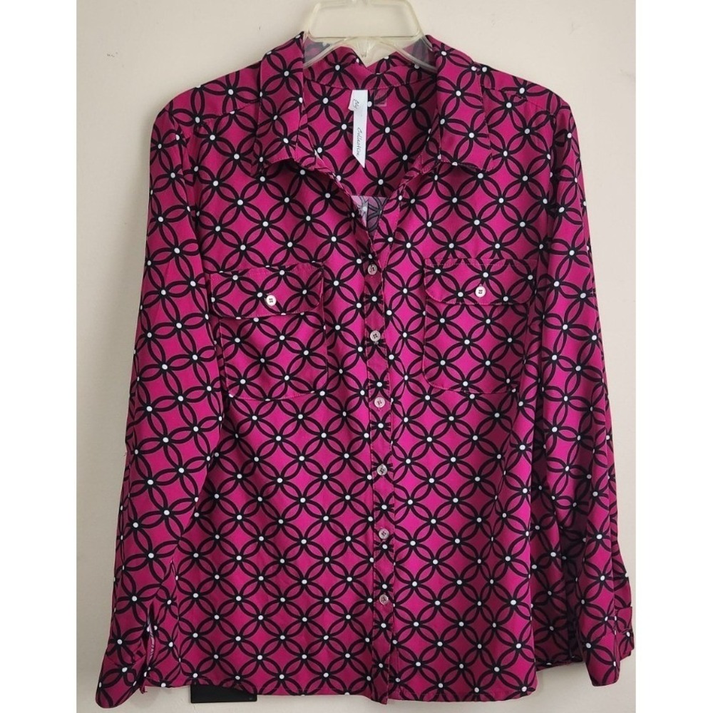 Ny Collection Women's Geometric‎ Print Button Down Shirt Long Sleeve Pockets